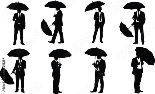 Businessperson silhouette, formal attire figure, umbrella holding pose, corporate people clipart, rainy day commuter art, professional worker illustration, urban weather scene graphic