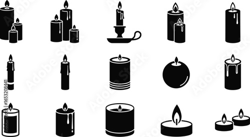 Candle icons, wax candle, pillar candle, tea light, spherical candle, candle holder, dripping wax, vector silhouette, decorative candle, home decor