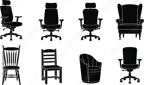 Chair silhouette set, office chairs, wooden chairs, armchair, barrel chair, design variety, black shapes, furniture style, isolated, white background
