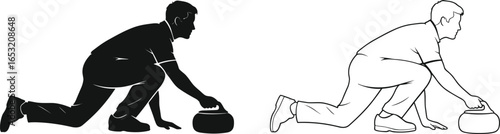 Curling player silhouette and outline, crouching stance, delivering stone, winter sport technique, precision motion, ice arena, Olympic competition, athletic action