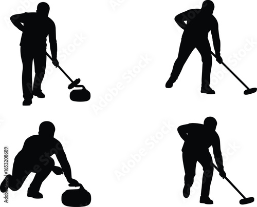 Curling silhouettes, athletes sweeping ice, delivering stone, competitive winter sport poses, crouching release, precision teamwork, motion, Olympic championship, icy arena, strategy, action