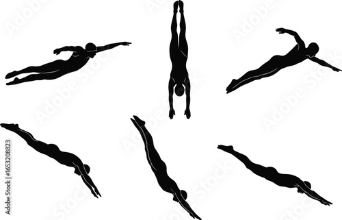 Diver silhouette, diving positions, aquatic sport, swimmer vector, water sports graphic, human figure clipart, competitive diving art, underwater athlete design, elegant dive motion