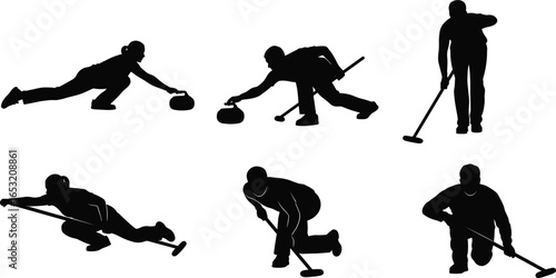 Dynamic curling silhouettes, athletes sweeping ice, delivering stone, competitive winter sport poses, teamwork, precision, motion, strategy, championship, Olympic, icy arena action