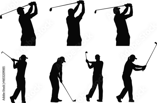 Golf player silhouettes set, swing sequence poses, sports action, athletic movement, golfing technique, professional sport illustration, recreation, outdoor game, vector design