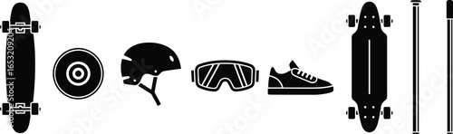 Longboard skateboard, safety helmet, sport goggles, skateboard wheel, casual sneaker, skateboarding gear, outdoor activity equipment, urban sport accessories, extreme sport items, riding gear