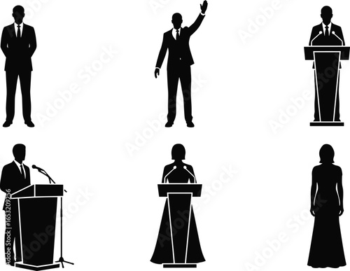 Public speaking silhouettes set, podium speakers, formal presentation poses, raising hand, standing figures, conference, event, vector illustration, communication concept