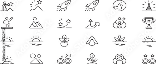 Motivation line icon set. Vector pictograms of personal growth, goal setting, goal setting, success, achievement, rocket launching, teamwork, passion, thumbs up thin linear illustration.