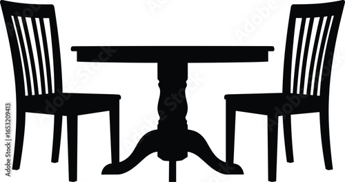 Silhouette of dining table with pedestal base and two chairs, slatted backs, classic home furniture, elegant decor, minimalist interior design