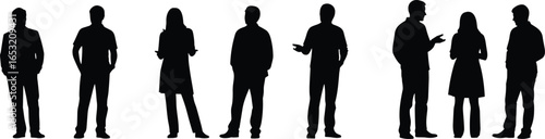 Silhouette group of people, standing poses, human interaction, social gathering, communication concept, business teamwork, diversity, meeting scene, crowd illustration design