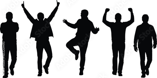 Silhouette of men in various poses, walking, celebrating, dancing, raising hands, standing, casual male figure illustration, vector isolated