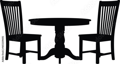 Silhouette of round dining table with pedestal base and two chairs, slatted backs, home furniture decor, minimalist interior design concept