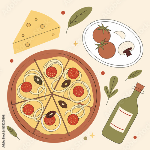 Pizza, Pasta, and Olive Oil in Top View on Cream Background