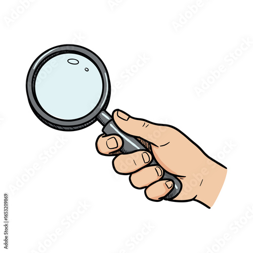 Hand holding magnifying glass illustration for investigation and analysis concepts. Vector illustration