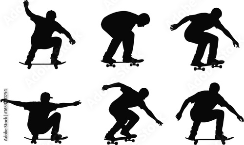 Skateboarder silhouette, skateboarding tricks, urban sport vector, extreme sports art, stunt rider clipart, street skating design, dynamic motion graphic, freestyle skate illustration