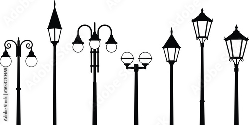 Street lamp silhouette, vintage lantern style, modern light post, outdoor lighting vector, decorative lamp design, urban streetlight art, public space illumination, city lighting graphic