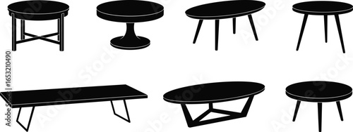 Table silhouette set, round oval rectangular, leg styles, pedestal base, crossbar support, furniture design, black shapes, isolated, white background