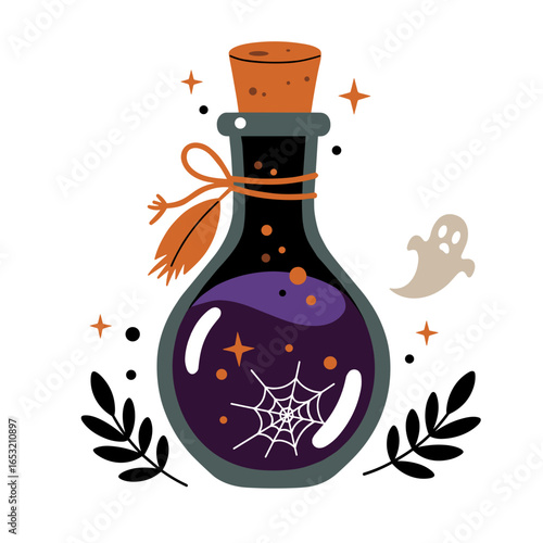 Magic Potion Bottle with Spider Web and Halloween Decorations