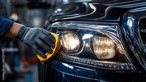 Detailing a modern car headlight, a hand wipes the exterior with a microfiber cloth. The headlight illuminates, showcasing automotive care.