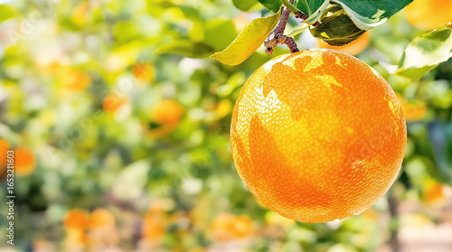 Ripe Orange Hanging on Tree Branch in Orchard