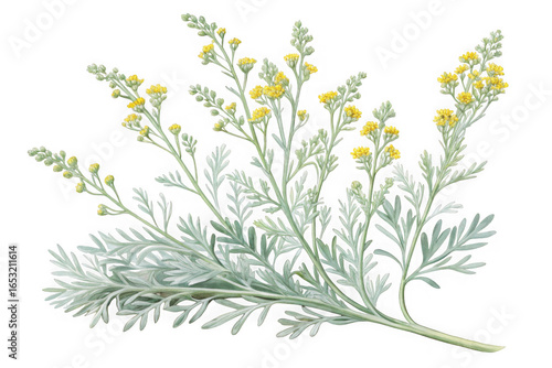 Delicate sprigs of artemisia absinthium with tiny yellow flowers isolated on transparent background