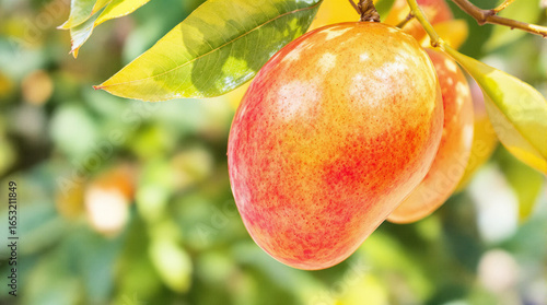 Ripe Mangoes Hanging on a Tree Branch in Sunlight
