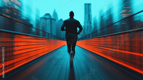 Businessman running fast on a bridge in the city with motion blur effect, concept of speed and business