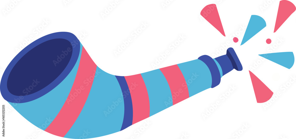 Obraz premium Party horn blowing with colorful confetti celebration accessory vector illustration