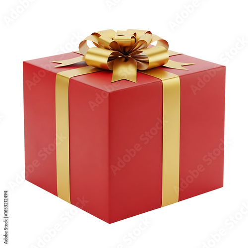 A festive red gift box with a gold ribbon and bow isolated on transparent background