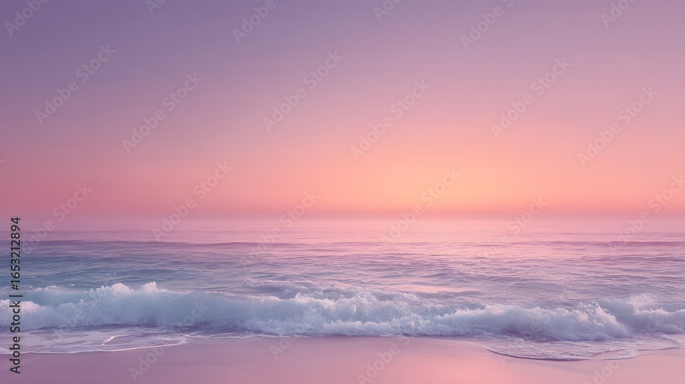 Fototapeta premium A soft gradient ocean horizon with gentle waves fading into a pink and purple dusk sky