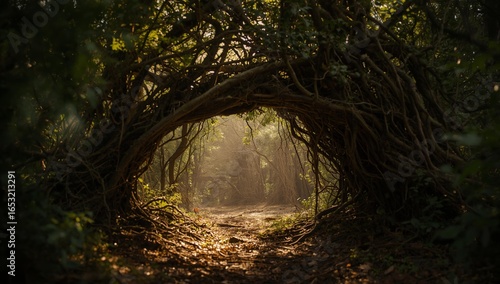 Fototapeta Naklejka Na Ścianę i Meble -  Venture into a sun-dappled forest tunnel formed by ancient, gnarled tree roots and branches.