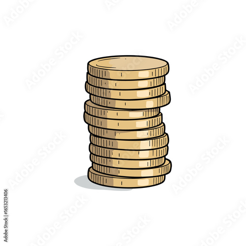 Stack of gold coins on white background with shadow. Vector illustration