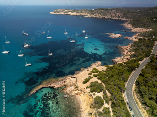 The aerial view of beautiful coastlines of Cala Xarraca, Ibiza