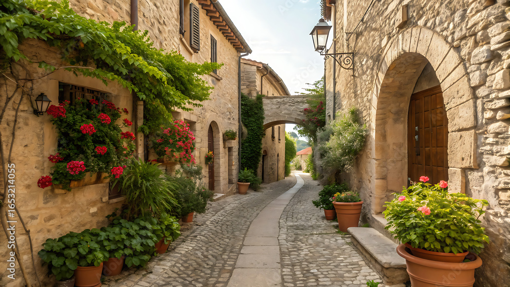 Fototapeta premium Alleyway in a rustic European village, lined with stone buildings.