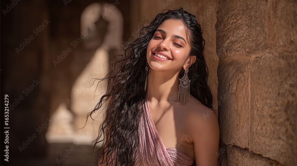 Fototapeta premium Smiling woman with ornate earrings leans against a stone wall, eyes closed, enjoying the sunlight. Radiant and serene expression.