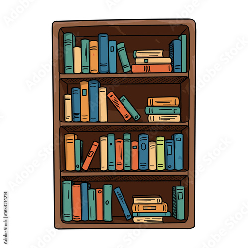 Colorful books on wooden bookshelf with assorted book arrangement. Vector illustration