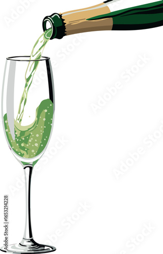 Sparkling champagne pouring into glass vector illustration with green bottle and bubbles 