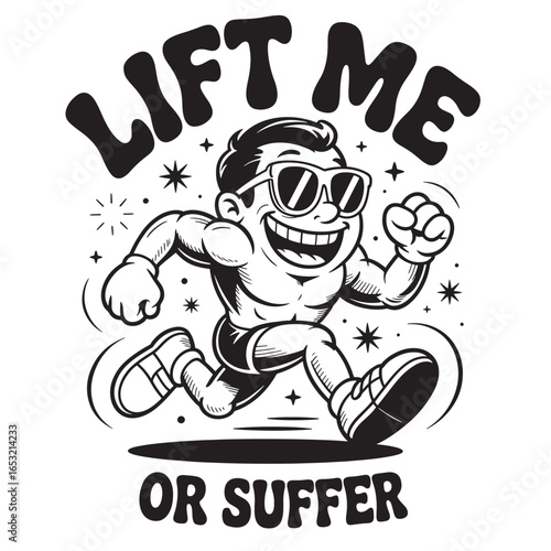 Cartoon man running with lift me or suffer text