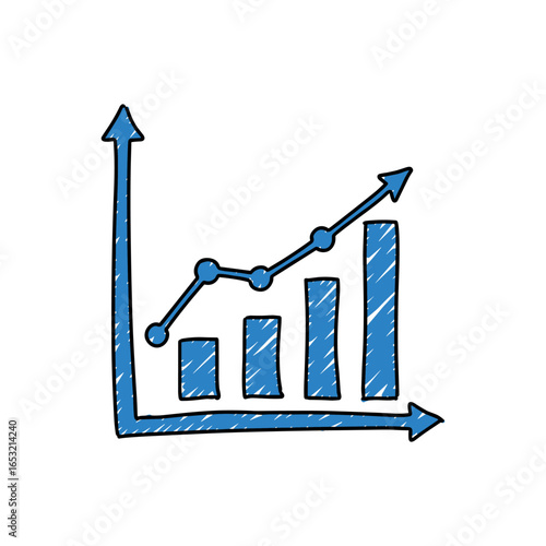 Blue hand-drawn increasing bar graph with arrow and line chart on white background. Vector illustration