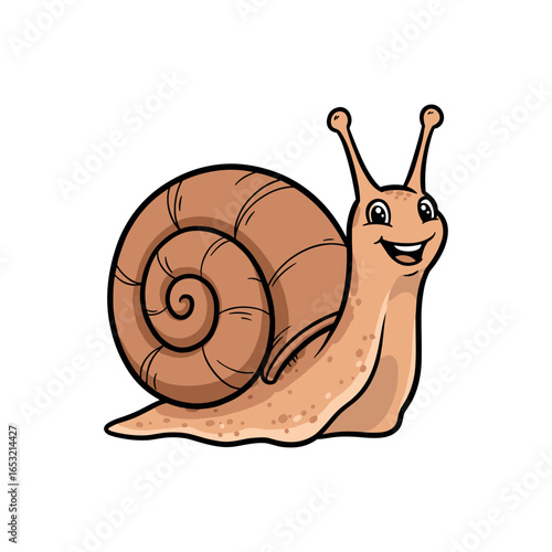 Smiling cartoon snail with shell on white background. Vector illustration