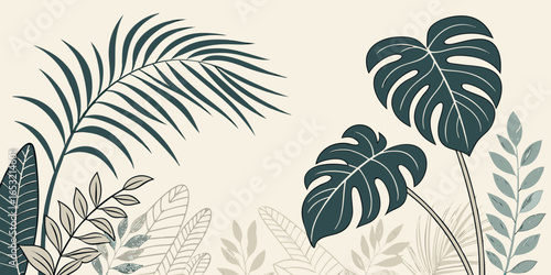 tropical botanical leaves illustration with monstera palm and exotic plants design 