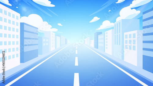 ビル街の中の道路の風景イラスト_青_16:9