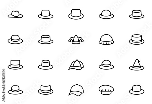 Hats outline icon set. beanies, fedoras, caps, sunhats, and more. Perfect for fashion apps, branding, print, and web. Clean, minimal, and fully scalable.