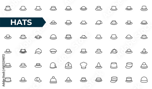 Hats outline icon set. beanies, fedoras, caps, sunhats, and more. Perfect for fashion apps, branding, print, and web. Clean, minimal, and fully scalable.