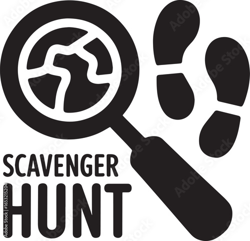 Scavenger Hunt Design with Magnifying Glass and Footprints Vector Graphic Illustration