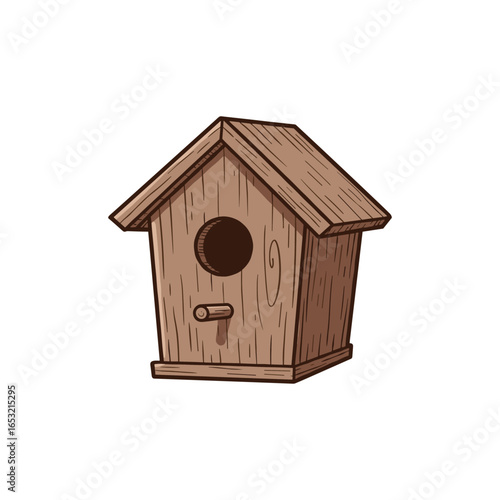 Rustic wooden birdhouse with swirled texture and perch on white background. Vector illustration