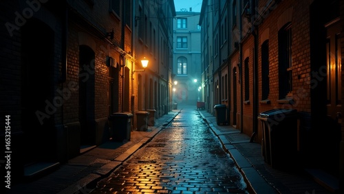Wet cobblestone alley illuminated by vintage street lamps on a foggy night