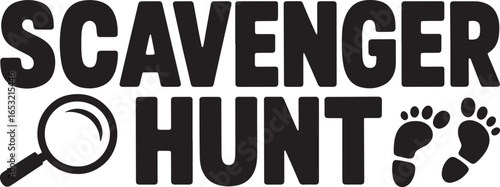 Scavenger Hunt Text with Magnifying Glass and Footprints Vector Graphic Illustration
