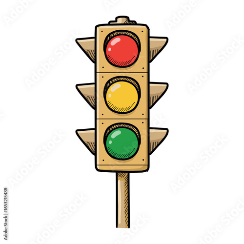 Colorful traffic light with red, yellow, and green signals on white background. Vector illustration