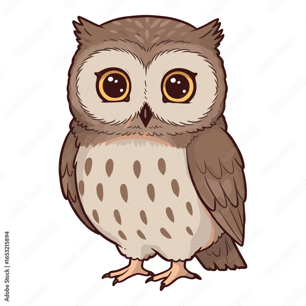 Fototapeta premium Cute cartoon owl with big eyes and brown feathers on white background. Vector illustration