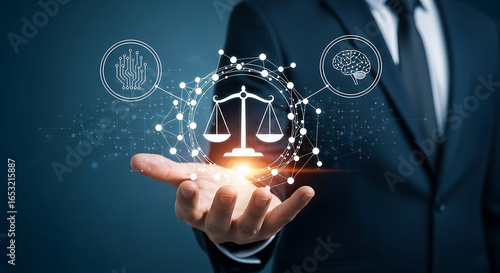 Convergence of law and technology represented by scales and digital network with person offering it